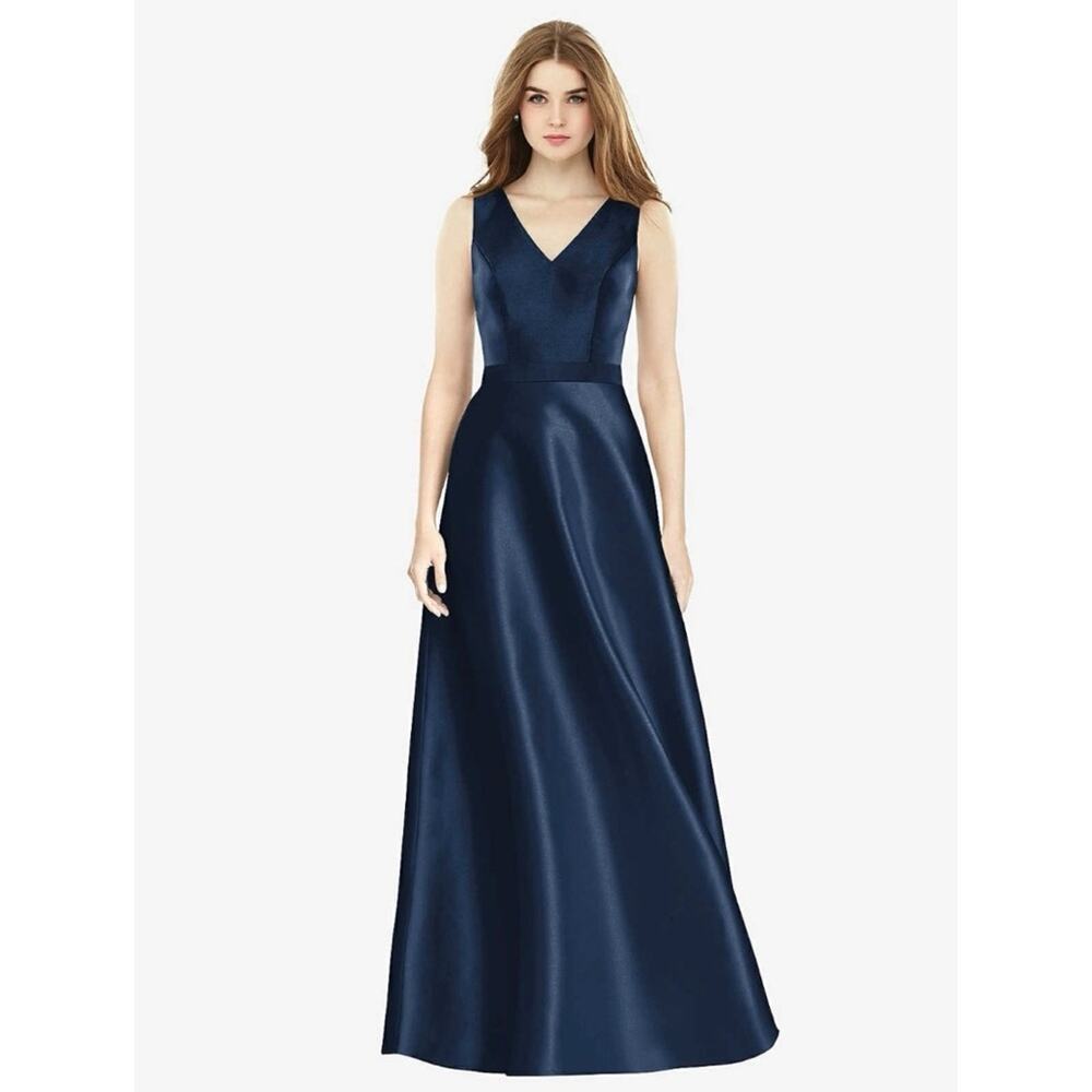 Alfred Sung Sleeveless A-Line Satin Dress w Pockets Midnight Blue Women’s 4 $231 - Picture 1 of 9